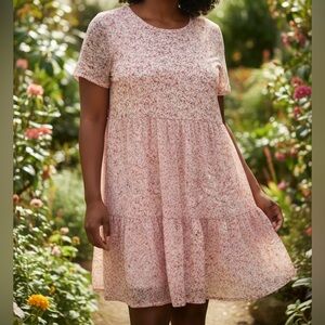 AUW Short Sleeve Mesh Plus Size Floral Pink Dress 1X